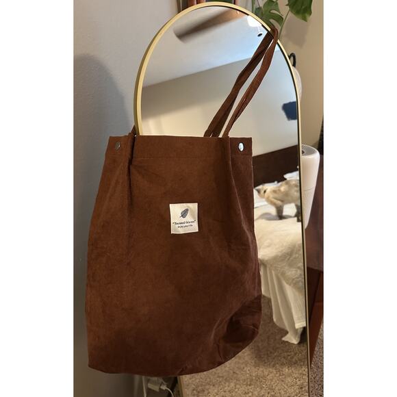 Brown Corduroy Reusable Tote Shopping Bag with Handles - Picture 3 of 3